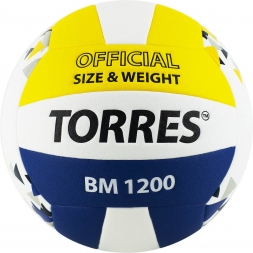 Мяч вол. &quot;TORRES BM1200&quot; арт.V42035, р.5, синт.кожа (микрофибра), клееный, бут.кам, бел-син-желт, фото 1