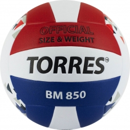 Мяч вол. &quot;TORRES BM850&quot; арт.V32025, р.5, синт. кожа (ПУ), клееный, бут. кам., бел-син-крас, фото 1