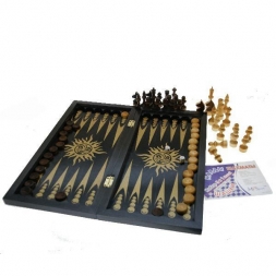 Набор игр 3 в 1 шашки-шахматы-нарды 400х200мм тонированные Черные рисунок Золото