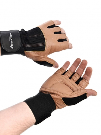 Перчатки для фитнеса с фиксатором мужские кожа коричневые Q11, фото 8
