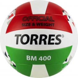 Мяч вол. &quot;TORRES BM400&quot; арт.V32015, р.5, синт. кожа (ТПУ), клееный, бут.кам., бело-крас-зелен, фото 1