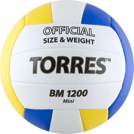 Мяч вол. сув. &quot;TORRES BM1200 Mini&quot;,арт.V30031, р.1, диам. 15 см синт. кожа (ТПУ),маш.сш,бел-син-желт, фото 1