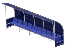 СКАМЕЙКА ДЛЯ ЗАПАСНЫХ ИГРОКОВ НА 10 МЕСТ С КОЗЫРЬКОМ ИЗ ПОЛИКАРБОНАТА