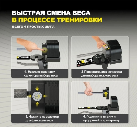 Комплект штанг регулируемых MX Select MX125 EVO, 14.2 – 55.9 кг, 2 шт со стойкой  , фото 8
