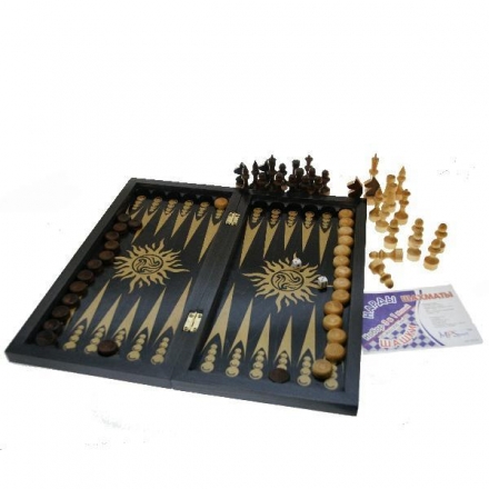 Набор игр 3 в 1 шашки-шахматы-нарды 400х200мм тонированные Черные рисунок Золото, фото 1